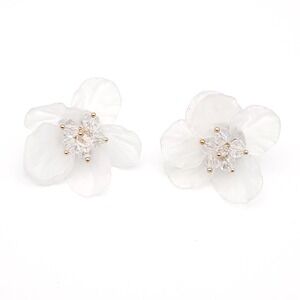 White Flower Earrings Gold Tone Crystal Bead Acrylic Stud